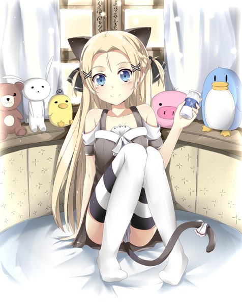 Anime picture 1584x1994 with original tazaki hayato long hair tall image looking at viewer blush blue eyes blonde hair smile animal ears tail animal tail cat ears cat tail girl thighhighs dress white thighhighs toy stuffed animal