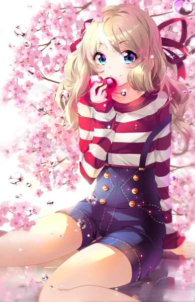 Anime picture 850x1313 with original ifabulicious (original) squchan single long hair tall image looking at viewer blush blue eyes blonde hair girl flower (flowers) petals heart overalls