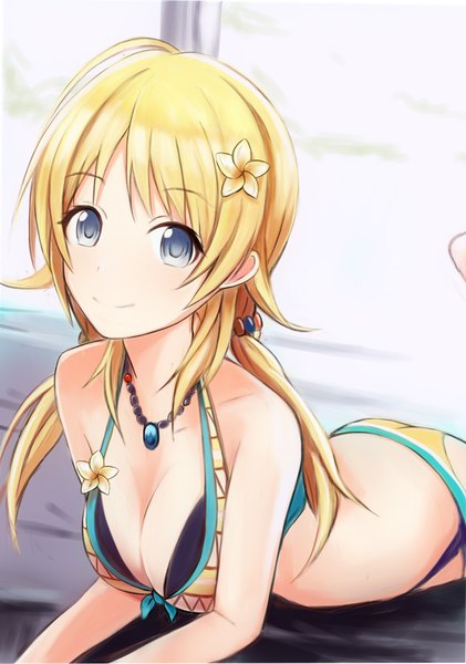 Anime picture 702x1000 with idolmaster idolmaster shiny colors hachimiya meguru nannacy7 single long hair tall image looking at viewer fringe breasts blue eyes light erotic blonde hair smile large breasts twintails bare shoulders cleavage lying hair flower