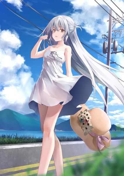 Anime picture 1131x1600 with original bitterpain single long hair tall image looking at viewer open mouth brown eyes payot sky silver hair cloud (clouds) outdoors arm up wind blurry from below strap slip mountain half updo