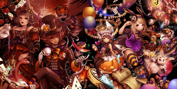 Anime picture 1705x861 with alice in wonderland alice (wonderland) white rabbit cheshire cat queen of hearts mad hatter ns (pixiv) long hair highres short hair open mouth blonde hair brown hair wide image purple eyes multiple girls brown eyes animal ears pink eyes bunny ears