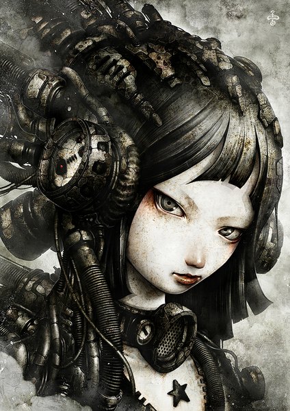 Anime picture 724x1024 with original shichigoro single tall image looking at viewer fringe black hair grey hair realistic grey background grey eyes portrait post-apocalyptic cyberpunk girl star (symbol) hose respirator