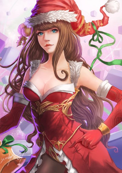 Anime picture 1240x1754 with original sunday-zjy single tall image breasts blue eyes brown hair very long hair lips fur trim christmas girl gloves ribbon (ribbons) hat elbow gloves fur santa claus hat santa claus costume red gloves
