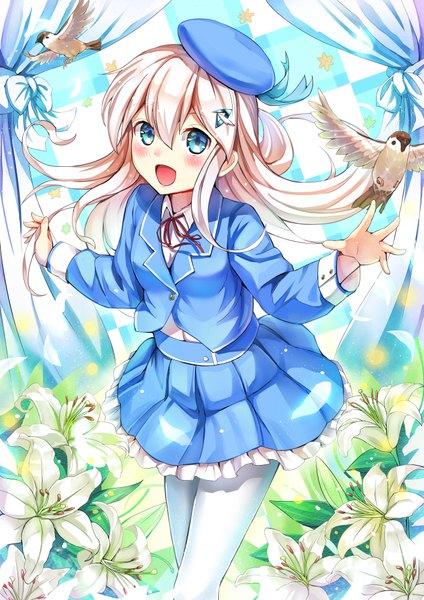 Anime picture 707x1000 with the personification of atmosphere kuuki shoujo qian wu atai single long hair tall image looking at viewer blush fringe open mouth blue eyes blonde hair hair between eyes standing long sleeves :d pleated skirt wind spread arms checkered