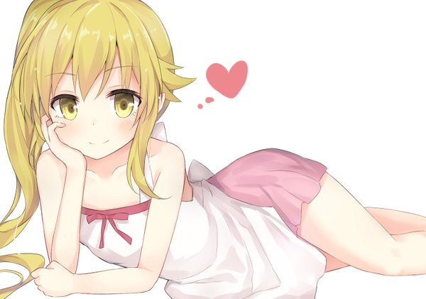 Anime picture 1500x1053 with bakemonogatari shaft (studio) monogatari (series) oshino shinobu huwari (dnwls3010) single long hair looking at viewer fringe breasts simple background blonde hair smile white background bare shoulders yellow eyes payot cleavage lying arm support