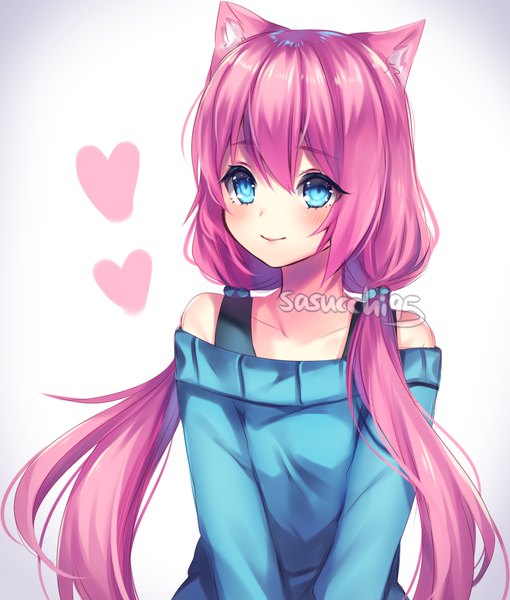 Anime picture 1259x1480 with original hyanna-natsu sasucchi95 single long hair tall image looking at viewer blush fringe simple background smile hair between eyes twintails bare shoulders signed animal ears pink hair upper body cat ears cat girl