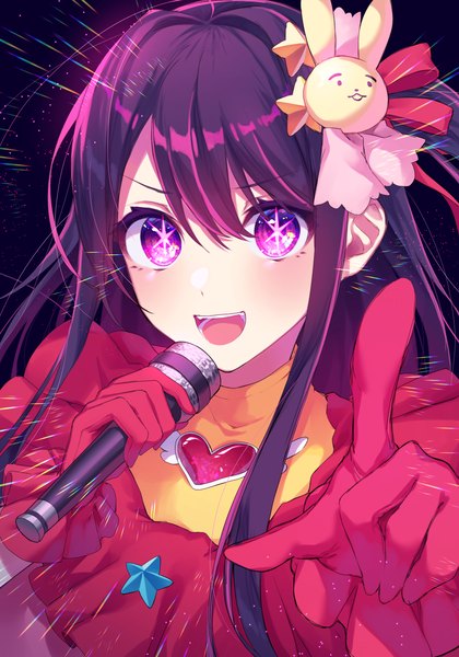 Anime picture 2100x3000 with oshi no ko hoshino ai (oshi no ko) kurobikari single long hair tall image looking at viewer fringe highres open mouth hair between eyes purple eyes purple hair upper body :d symbol-shaped pupils girl gloves hair ornament microphone