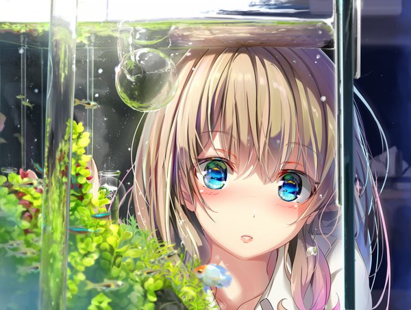 Anime picture 1100x830 with original wingheart single long hair looking at viewer blush fringe blue eyes blonde hair hair between eyes upper body parted lips head tilt face girl plant (plants) animal water bubble (bubbles) fish (fishes)
