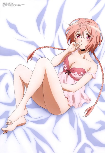 Anime picture 4078x5929 with netojuu no susume megami magazine lily (netojuu no susume) yamada fumi single long hair tall image looking at viewer blush fringe highres breasts light erotic hair between eyes purple eyes pink hair absurdres bent knee (knees) braid (braids) lips