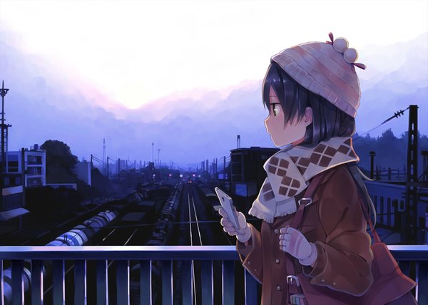 Anime picture 1945x1390 with original hao (patinnko) single long hair highres black hair sky profile winter girl scarf fingerless gloves bag cap phone winter clothes railways railroad tracks