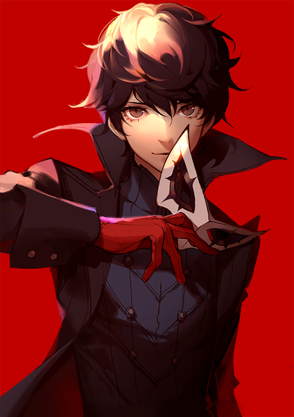Anime picture 566x800 with persona 5 persona amamiya ren ask (askzy) single tall image looking at viewer fringe short hair simple background hair between eyes brown hair holding brown eyes upper body light smile red background slit pupils popped collar boy