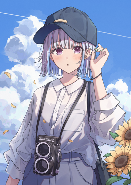 Anime picture 2508x3541 with virtual youtuber nijisanji lize helesta ene mizunoawa single tall image looking at viewer blush fringe highres short hair open mouth standing purple eyes sky cloud (clouds) outdoors white hair blunt bangs nail polish