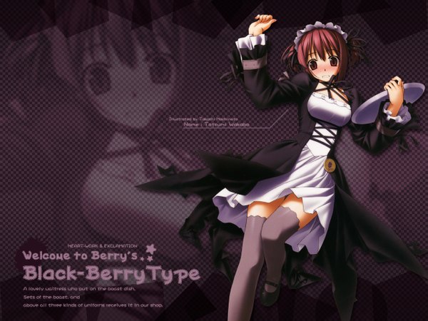 Anime picture 1280x960 with berry's tatsumi wakaba hashimoto takashi single looking at viewer blush short hair brown hair standing twintails brown eyes signed long sleeves character names short twintails standing on one leg third-party edit zoom layer falling waitress