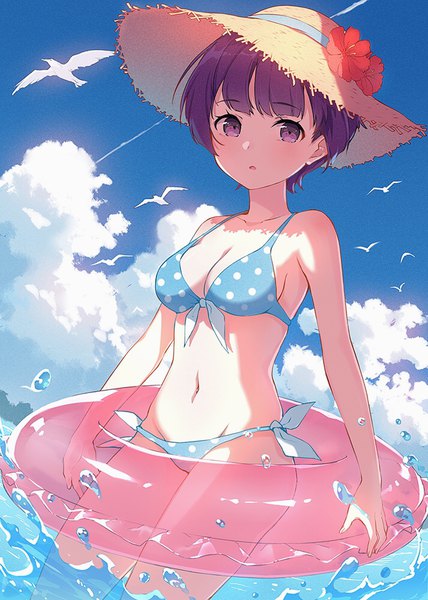 Anime picture 714x1000 with eromanga sensei a-1 pictures senju muramasa kamon (shinshin) single tall image looking at viewer fringe short hair breasts light erotic purple eyes sky purple hair cloud (clouds) blunt bangs shadow condensation trail girl swimsuit