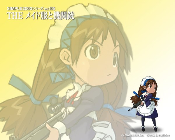Anime picture 1280x1024 with long hair maid chibi ribbon (ribbons) headdress maid headdress submachine gun