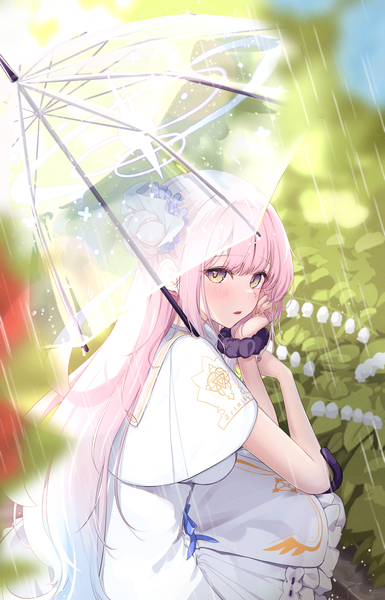 Anime picture 1750x2724 with blue archive mika (blue archive) iluda single long hair tall image looking at viewer fringe highres open mouth yellow eyes pink hair outdoors blunt bangs rain squat head rest wrist scrunchie transparent umbrella girl