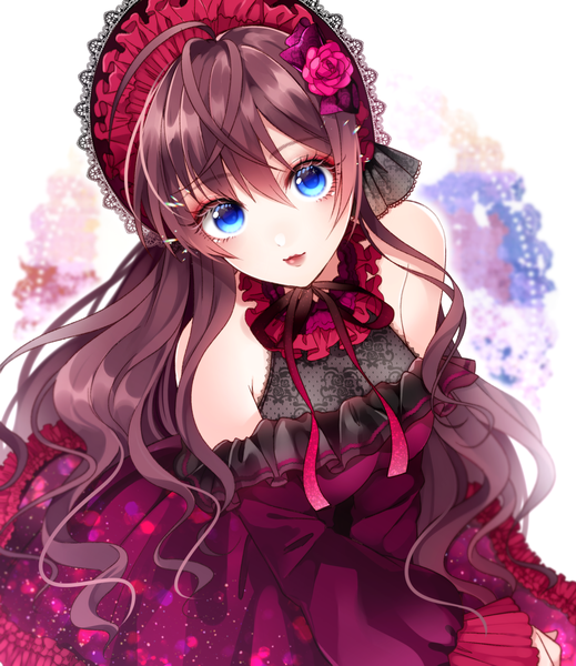 Anime picture 1297x1500 with idolmaster idolmaster cinderella girls ichinose shiki wakatsuki you single long hair tall image looking at viewer fringe blue eyes hair between eyes brown hair white background bare shoulders payot ahoge hair flower off shoulder lipstick eyeshadow