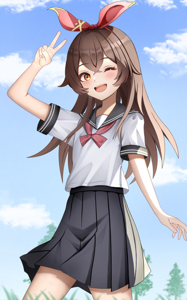 Anime picture 1814x2913 with genshin impact amber (genshin impact) kenomotsu yukuwa single long hair tall image fringe highres open mouth hair between eyes red eyes brown hair sky cloud (clouds) outdoors one eye closed wink victory ;d girl