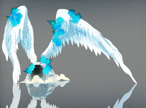 Anime picture 1215x900 with original okuya (artist) single long hair simple background lying barefoot bare legs reflection white wings angel praying fallen angel girl flower (flowers) wings rose (roses) blue rose