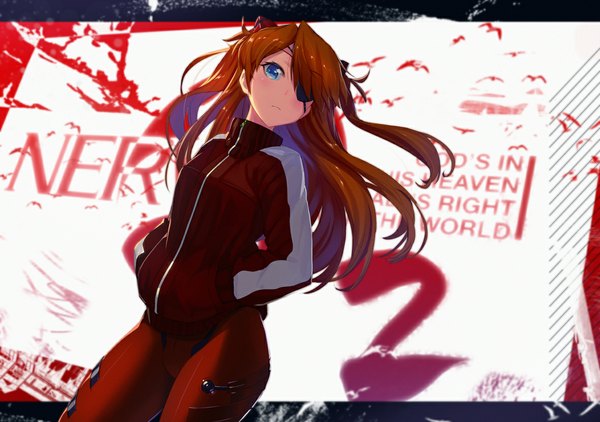 Anime picture 1181x832 with neon genesis evangelion rebuild of evangelion evangelion: 3.0 you can (not) redo gainax soryu asuka langley satori0121 single long hair looking at viewer blue eyes wind orange hair hands in pockets nerv girl jacket eyepatch pilot suit