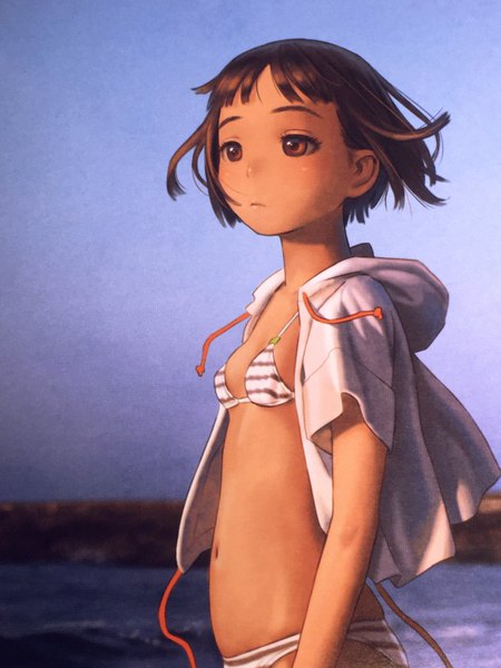 Anime picture 3024x4032 with original range murata single tall image highres short hair breasts light erotic brown hair brown eyes looking away absurdres sky outdoors short sleeves striped girl navel swimsuit bikini