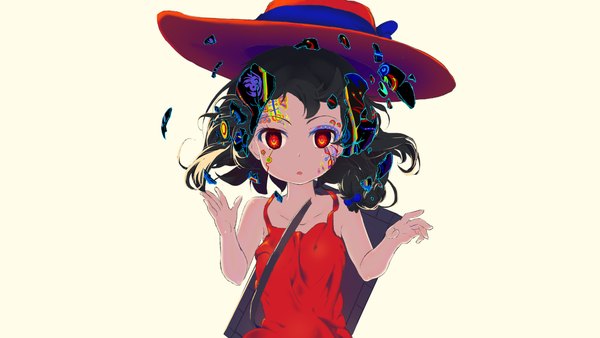 Anime picture 3150x1772 with original mianbaoshi mengxiang single looking at viewer highres short hair black hair simple background red eyes wide image white background bare shoulders parted lips wallpaper sleeveless floating hair facial mark girl dress hat