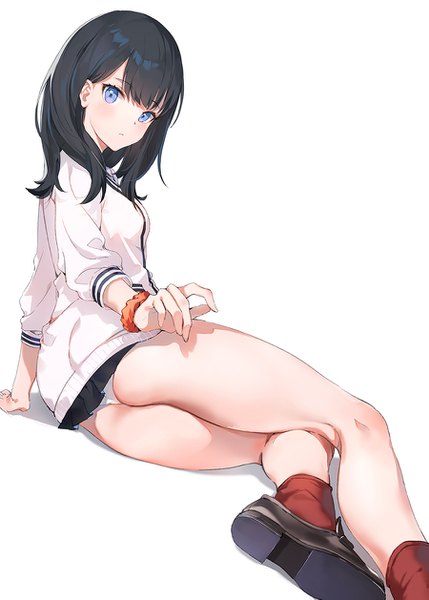 Anime picture 900x1257 with gridman universe ssss.gridman studio trigger takarada rikka emyo single long hair tall image looking at viewer blush fringe blue eyes light erotic black hair simple background white background sitting full body ass looking back