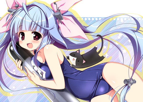 Anime picture 1600x1143 with kantai collection i-19 submarine nagayama yuunon single long hair looking at viewer blush open mouth light erotic blue hair pink eyes two side up symbol-shaped pupils girl hair ornament bow swimsuit hair bow one-piece swimsuit school swimsuit