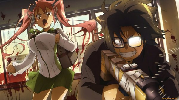 Anime picture 1600x900 with highschool of the dead madhouse takagi saya hirano kohta long hair short hair open mouth light erotic black hair wide image twintails brown eyes pink hair grin fat man girl boy weapon glasses serafuku