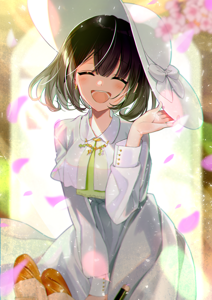 Anime picture 2894x4093 with original tyanotya single tall image blush fringe highres short hair open mouth black hair smile hair between eyes standing eyes closed long sleeves blurry cherry blossoms happy ^ ^ adjusting hat