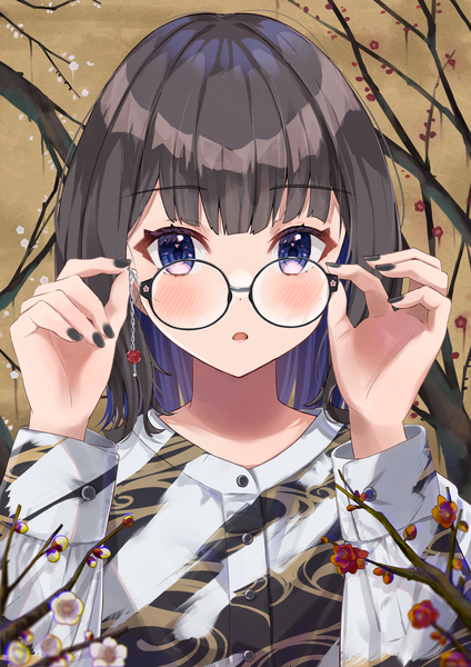 Anime picture 2894x4093 with original haru yu single tall image looking at viewer blush fringe highres short hair open mouth blue eyes brown hair upper body blunt bangs nail polish arms up :o black nail polish adjusting glasses plum blossoms