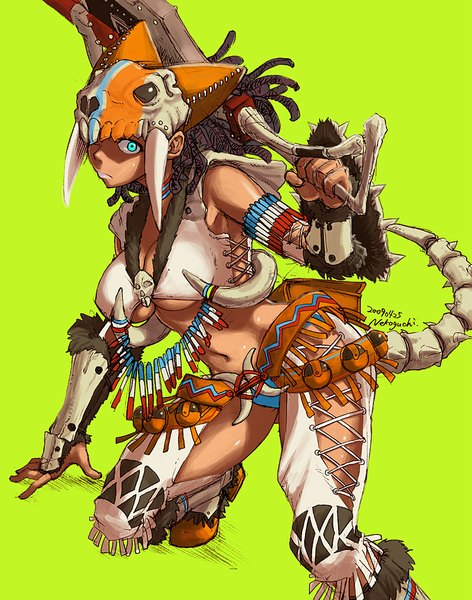 イラスト 800x1017 と モンスターハンター monster hunter (character) bone (armor) ねこぐち ソロ 長髪 長身像 カメラ目線 おっぱい 青い目 light erotic 黒髪 simple background cleavage lips arm support green background native american 女の子 へそ