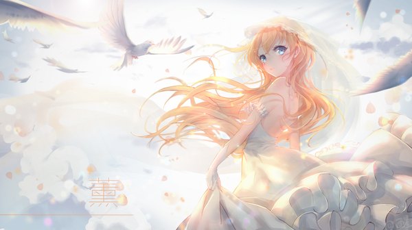 Anime picture 1633x917 with shigatsu wa kimi no uso a-1 pictures miyazono kaori xing single long hair looking at viewer blush blue eyes blonde hair wide image bare shoulders sky cloud (clouds) looking back wind sunlight turning head hieroglyph arched back