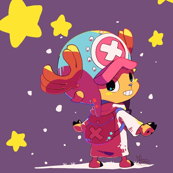 Anime picture 1000x1000 with one piece toei animation tony tony chopper single looking at viewer blush signed looking back horn (horns) symbol-shaped pupils spread arms purple background star (symbol) backpack