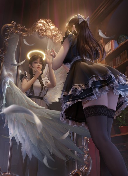 Anime picture 1920x2629 with original cranny91 single long hair tall image highres light erotic brown hair indoors parted lips from behind black eyes realistic from below sleeveless light reflection angel wings white wings angel