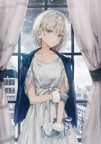 Anime picture 700x999 with original dangmill single tall image looking at viewer fringe short hair blue eyes hair between eyes standing holding silver hair indoors fur trim lens flare city snowing winter clothes on shoulders fashion