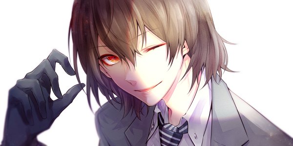 Anime picture 2400x1200 with persona 5 persona akechi gorou yuu (isis7796) single fringe highres short hair simple background smile hair between eyes red eyes brown hair wide image white background one eye closed light shaded face face boy