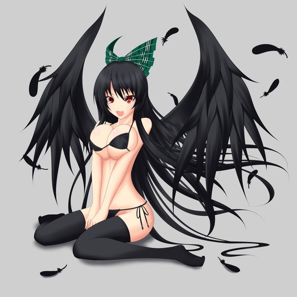 Anime picture 2000x2000 with touhou reiuji utsuho gmot single long hair highres breasts open mouth light erotic black hair simple background red eyes large breasts grey background girl thighhighs bow black thighhighs swimsuit hair bow