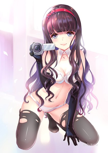 Anime picture 1000x1415 with card captor sakura clamp daidouji tomoyo zdl single long hair tall image looking at viewer blush fringe breasts blue eyes light erotic black hair smile bare shoulders holding signed payot cleavage