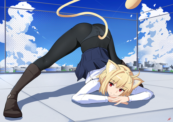 Anime picture 2456x1736 with shingetsutan tsukihime tsukihime (remake) type-moon arcueid brunestud isetnation single looking at viewer highres short hair light erotic blonde hair smile red eyes animal ears sky cloud (clouds) ahoge ass tail animal tail