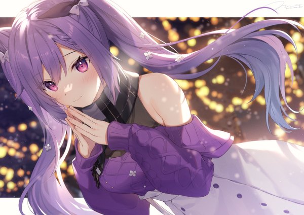 Anime-Bild 2520x1782 mit genshin impact keqing (genshin impact) keqing (lantern rite) (genshin impact) risutora desu single long hair blush fringe highres smile hair between eyes purple eyes twintails looking away purple hair dutch angle official alternate costume letterboxed outside border fingers together