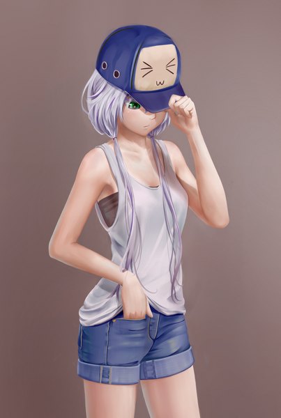 Anime picture 1345x2000 with vocaloid yuzuki yukari aki99 single long hair tall image twintails bare shoulders green eyes looking away silver hair eyes closed low twintails :3 brown background > < girl shorts flat cap