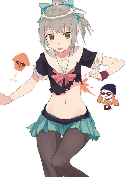 Anime picture 637x894 with kantai collection splatoon nintendo inkling yuubari light cruiser bullfalk single tall image blush fringe short hair open mouth simple background white background brown eyes looking away ponytail grey hair bare belly torn clothes