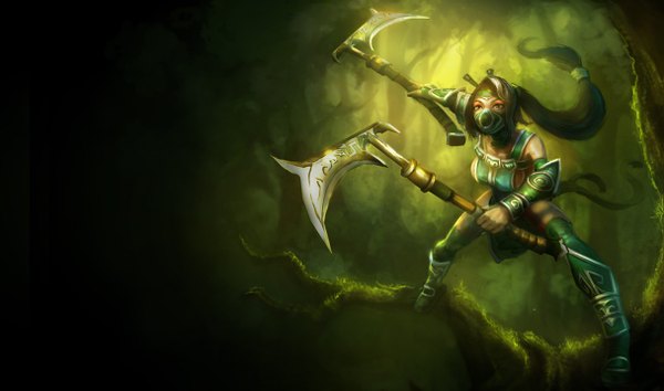 Anime picture 1215x717 with league of legends akali (league of legends) single long hair black hair wide image ponytail black eyes girl weapon plant (plants) tree (trees) mask forest