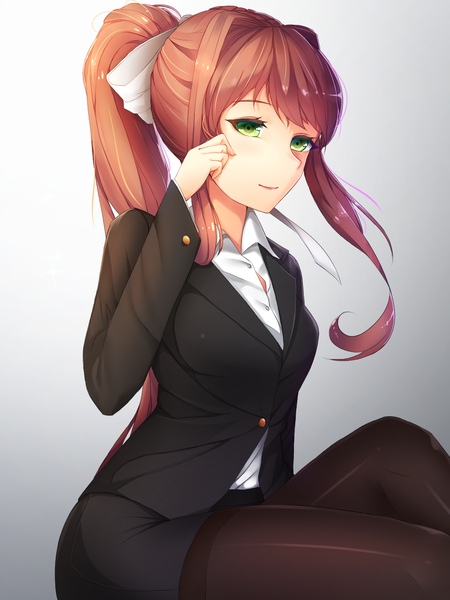 Anime picture 960x1280 with doki doki literature club monika (doki doki literature club) tsukimaru single long hair tall image looking at viewer simple background brown hair sitting green eyes payot ponytail gradient background formal girl skirt ribbon (ribbons) hair ribbon miniskirt