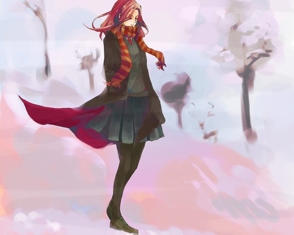 Anime picture 1920x1536 with harry potter lily evans single long hair highres brown hair eyes closed girl thighhighs skirt uniform black thighhighs school uniform necktie scarf cloak striped scarf