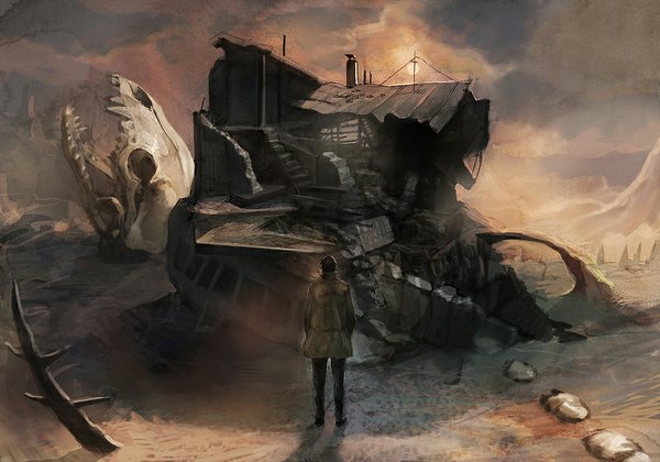Anime picture 1024x717 with original yoshimura hitomi (artist) short hair black hair sky cloud (clouds) from behind back evening sunset landscape ruins desert boy coat skull sun
