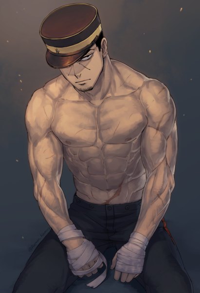 Anime picture 1644x2400 with golden kamuy tsukishima hajime reman kamuy single tall image looking at viewer short hair black hair simple background sitting dark background scar topless muscle abs hat over eyes boy hat bandage (bandages) peaked cap