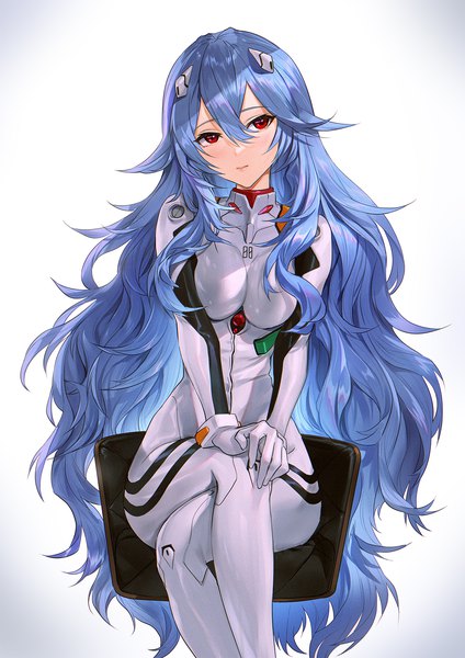 Anime picture 1131x1600 with neon genesis evangelion rebuild of evangelion evangelion: 3.0+1.0 thrice upon a time gainax ayanami rei mhk (mechamania) single long hair tall image looking at viewer blush fringe breasts simple background hair between eyes red eyes white background sitting blue hair head tilt