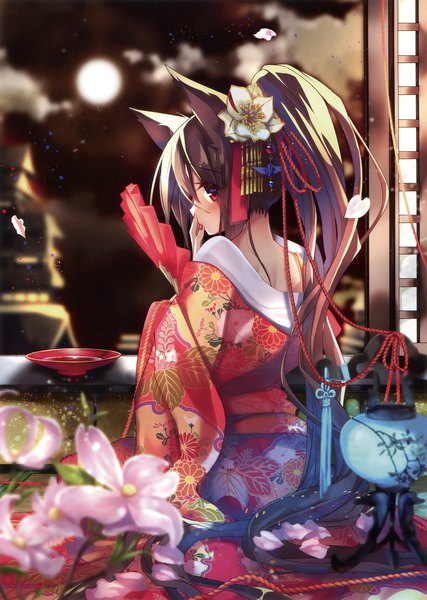 Anime picture 2494x3500 with original asaki yukiko nekoboshi sakko single long hair tall image looking at viewer blush fringe highres hair between eyes red eyes brown hair sitting holding animal ears ponytail nail polish traditional clothes japanese clothes